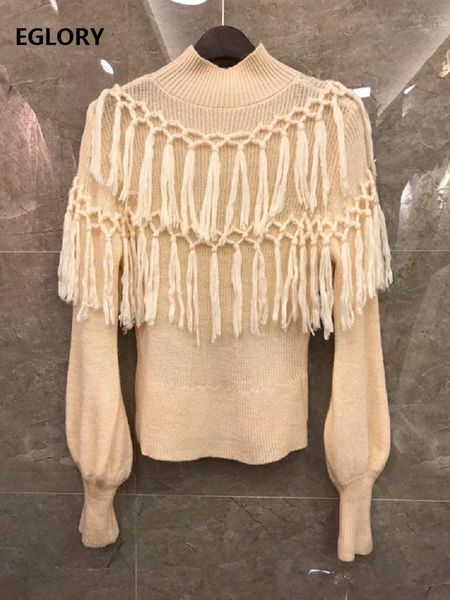 

women's sweaters tassel 2021 autumn winter fashion knit wear women knitting long sleeve apricot black white casual jumper, White;black
