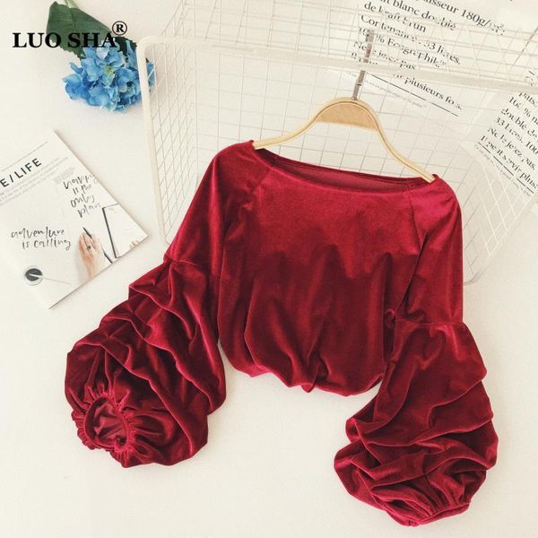 

women's blouses & shirts luosha women autumn winter velvet o neck petal sleeve solid and high street velour 6 colors, White