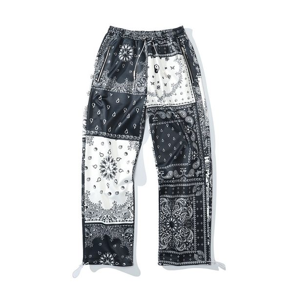 

hip hop men sweatpants retro streetstyle wide leg pants bandana paisley pattern harajuku fashion straight pants joggers men 210714, Black