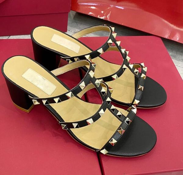 

women brand slipper 6cm square heel rivets sandals summer woman heels slippers designer shoe 34-43, Black