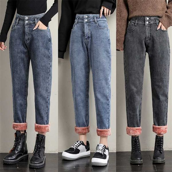 

winter women fleece jeans high waist plus velvet thickening keep warm loose harlan pants female denim trousers 211118, Blue