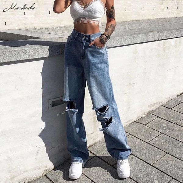 

2021macheda new high waist womens fashion loose destroyed hole denim mopping pants casual vintage wide leg jeans trousers, Blue