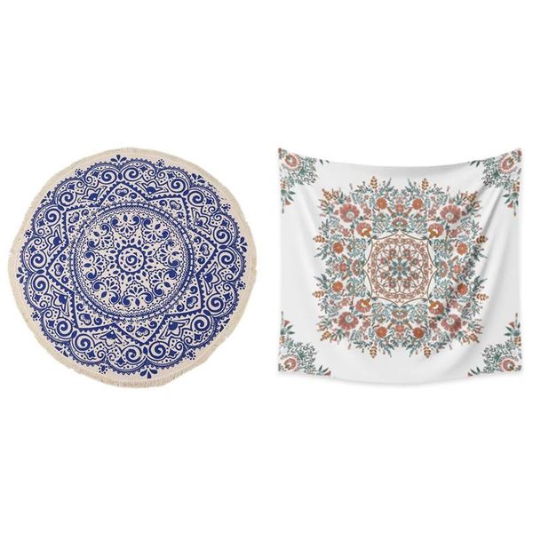 

carpets 1 pcs round carpet bedroom boho style tassel cotton rug-blue & hippie wall tapestry floral hanging