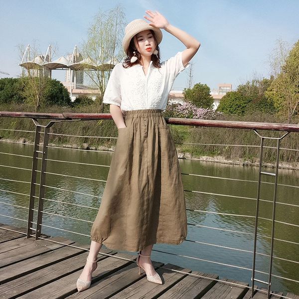 

skirts 2021 women's spring and summer a-line medium length loose linen cotton casual high waist skirt, Black