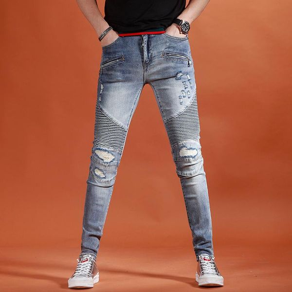 

men ripped spliced jeans 2021 vintage biker slim fit pencil pants men's, Blue