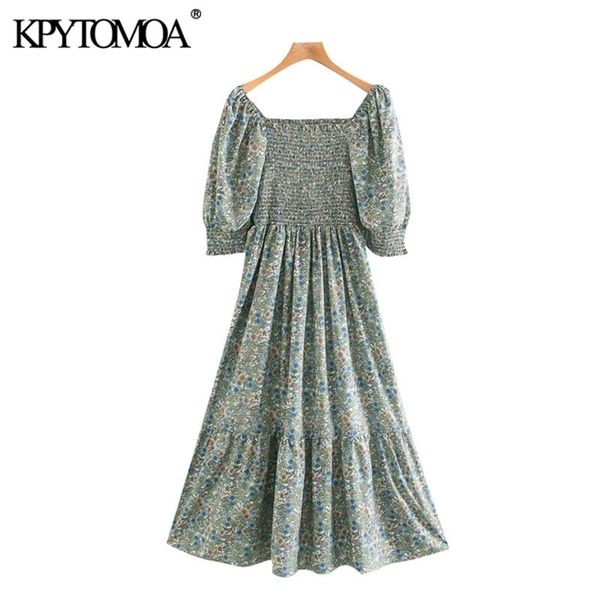 

women chic fashion floral print elastic smocked midi dress vintage square collar puff sleeve female dresses mujer 210420, Black;gray
