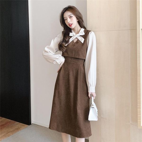 

casual dresses 2021 autumn and winter korean temperament retro contrast stitching dress corduroy long sleeve fake two-piece, Black;gray