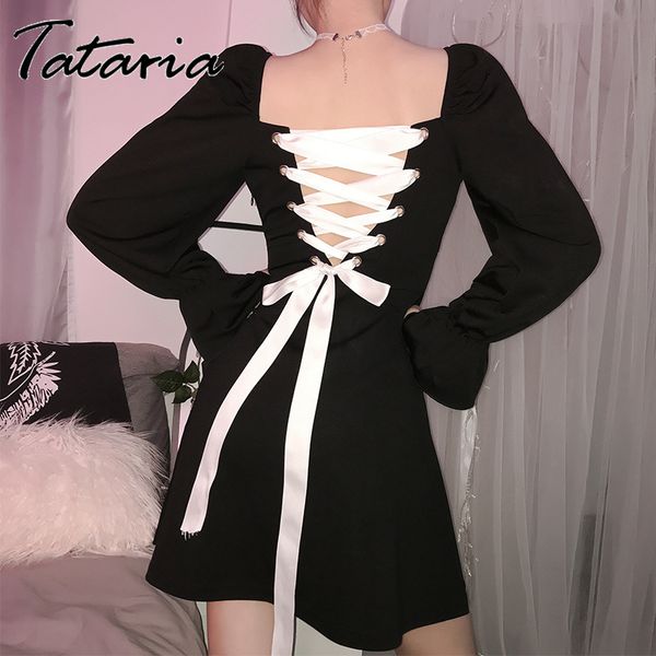 

long sleeve casual dresses square neck party black women backless bandage lace up 210514, Black;gray