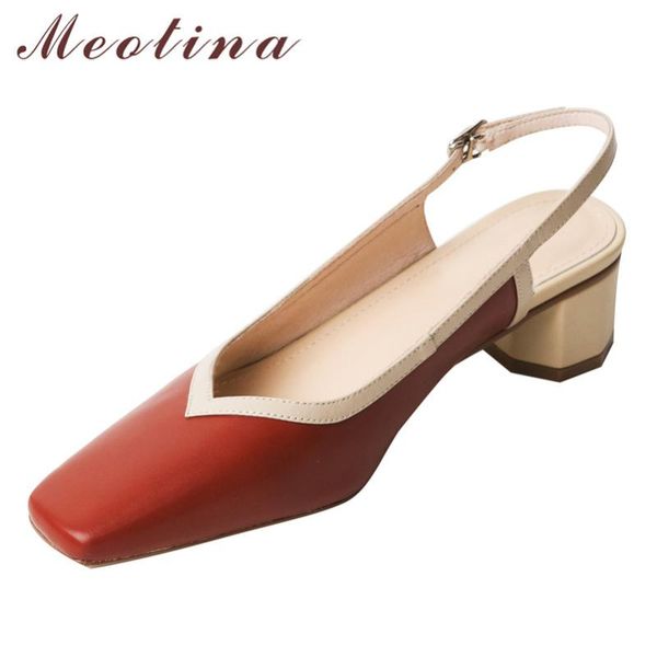 

dress shoes meotina pumps women genuine leather mid heels slingbacks square toe thick heel buckle summer light blue big size 40, Black
