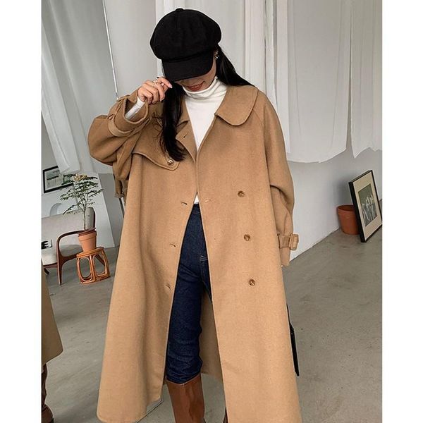 

women's wool & blends 2021 winter korean handmade loose fashionable long black 100% coat women design sense single breasted woolen over