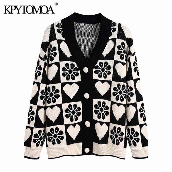 

kpytomoa women fashion jacquard loose knit cardigan sweater vintage long sleeve covered buttons female outerwear chic 210918, White;black