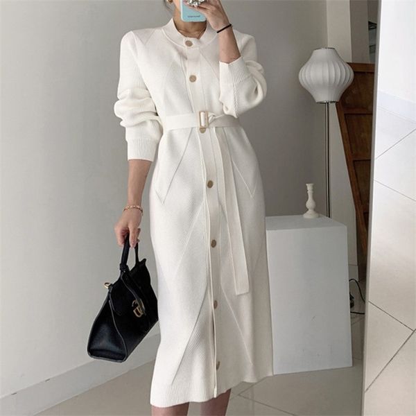 

women elegant o-neck single-breasted solid sweater dress ol style long sleeve belted knitted mid-length female 210519, Black;gray