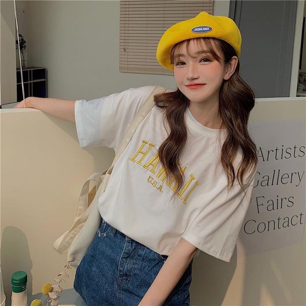 

women's t-shirt 2021 summer fashion all-match round neck short-sleeved cotton  letter thin embroidered casual women, White