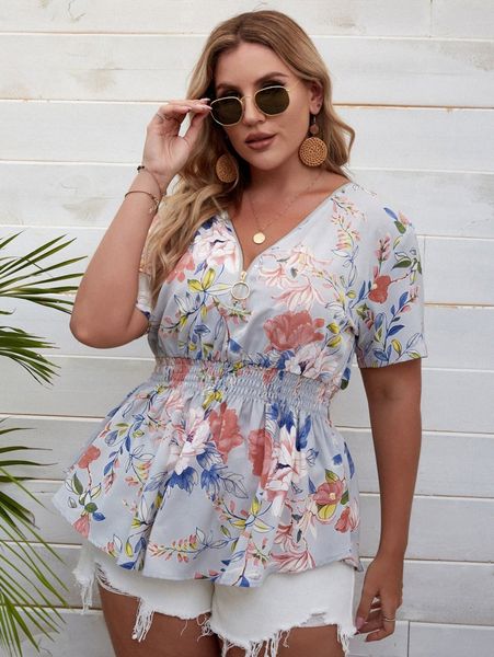 

plus zip half floral print peplum blouse m6gk#, Black