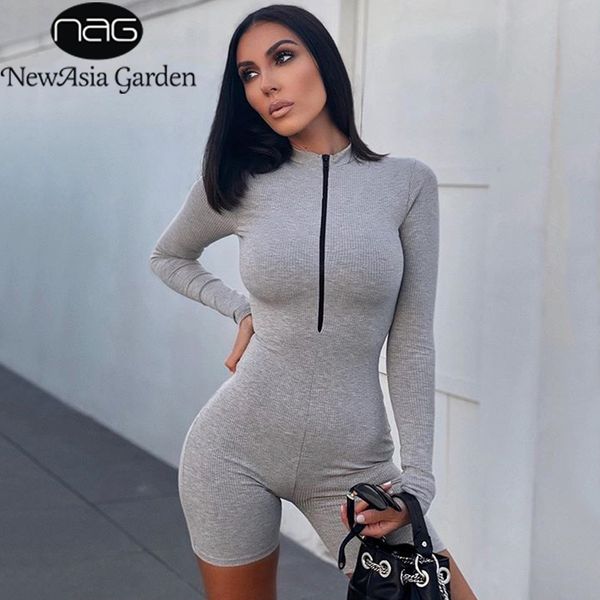 

newasia zipper cotton bodycon playsuit women long sleeve romper biker playsuit bodysuit summer shorts casual playsuits outfit 210413, Black;white