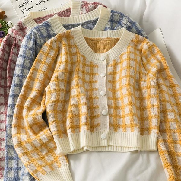 

women's knits & tees vintage knitted cardigan women long sleeve plaid short sweater jackets autumn single breasted round neck loose kni, White