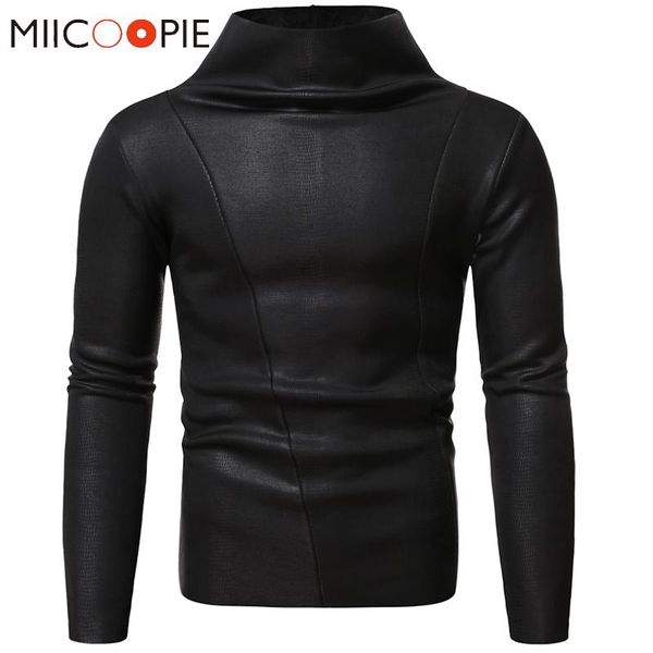 

autumn winter pu leather snake skin pattern t shirt men fashion patchwork high collar long sleeved mens slim tshirt s-xxl men's t-shir, White;black