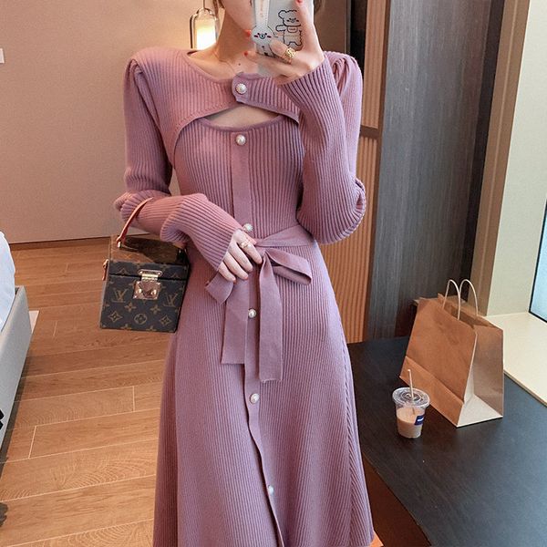 

dresses winter knit women casual long sleeve button elegant midi sweater female office one piece dress korean autumn, Black;gray