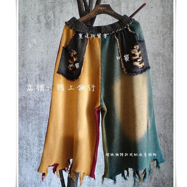 

women's pants & capris qing mo women patchwork trousers 2021 knitted wide leg female fashionable with tassel zqy6511, Black;white