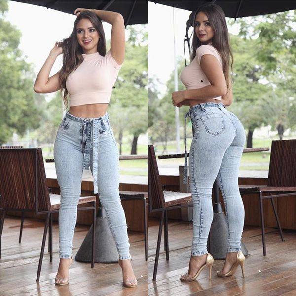 Jeans femininos Jegggings para mulheres altas cintura liff sexy calças elásticas e elásticas com cinto calça jeans skinny lápis plus size