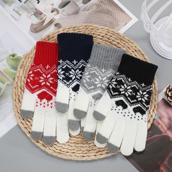 

five fingers gloves women' full finger winter christmas snowflake knitted touch screen mittens female gift, Blue;gray