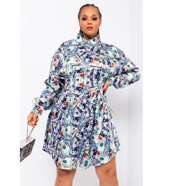 

casual dresses women 2021 tshirt dress chiffon turn-down neck long sleeve button up party night club shirt money print, Black;gray