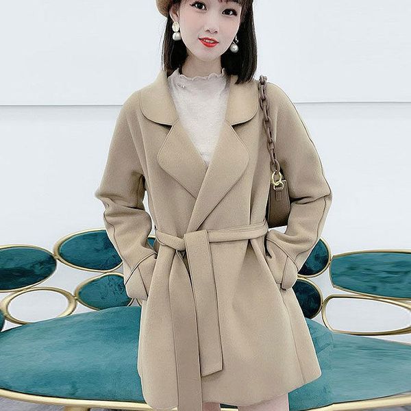 

women's wool & blends women turn-down coat jackets female long sleeves button solid autumn winter casual coats ladies woolen a271, Black