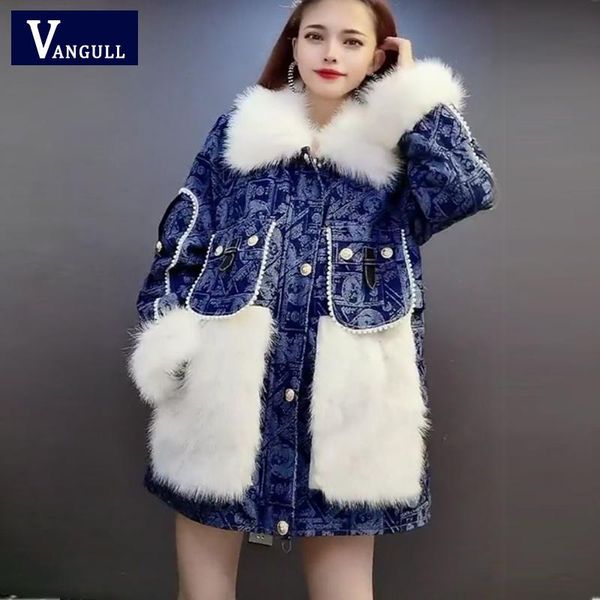 

women's jackets vangull vintage denim patchwork loose women jacket winter long sleeve big fur collar female coat zipper warm ladies out, Black;brown