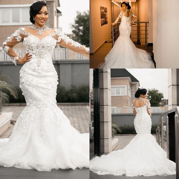 

african mermaid wedding dresses with long sleeve 2022 luxury crystal lace 3d floral vestido feminino arabic bridal dress, White