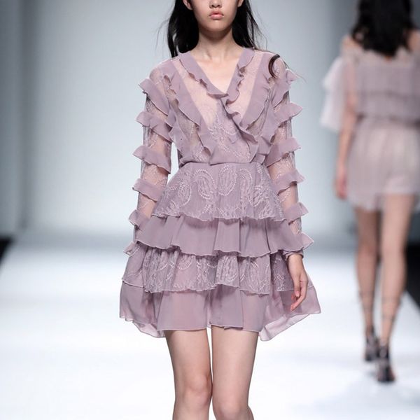 

multilayer ruffles lace patchwork women chiffon summer vintage long sleeve v neck layer cake ball gown, Black;gray