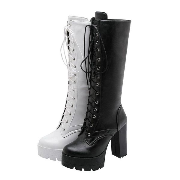 

boots spring autumn lacing knee high women fashion white square heel long woman leather shoes winter large size 34-43 2021, Black