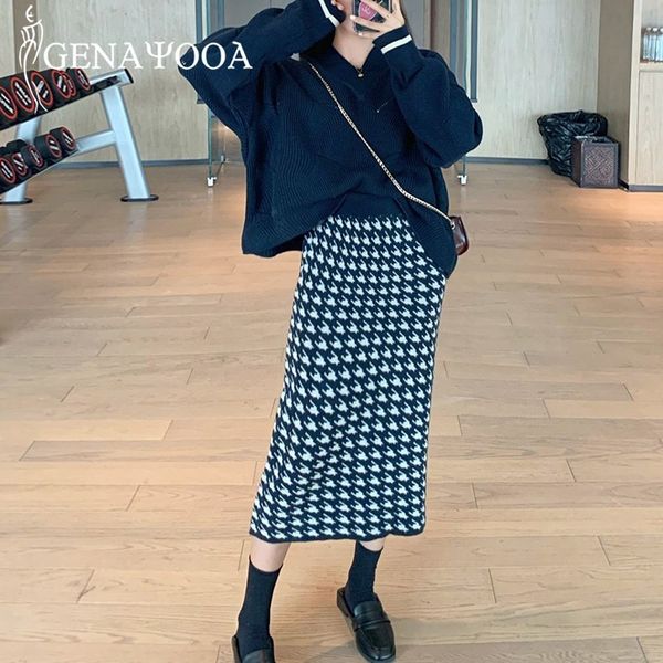 

genayooa vintage 2 sets womens outfits long sleeve plaid knitted two piece set and skirt solid jumpers korean winter 210417, White