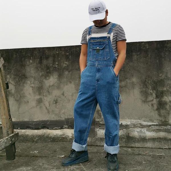 

men's denim overalls jumpsuit strap straight pants jeans more sizes 30-44 46, Blue