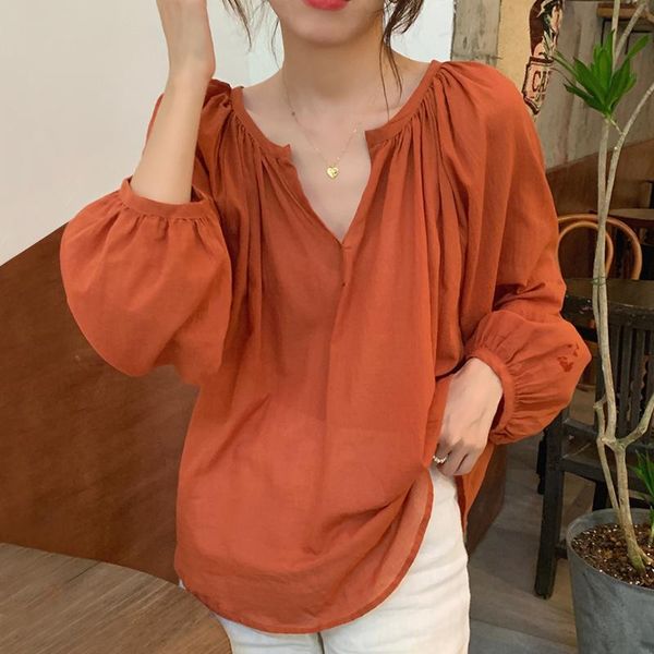 

women's blouses & shirts [ewq] korea chic summer casual trend women solid color v-neck blouse loose fashion green long-sleeved shirt 20, White