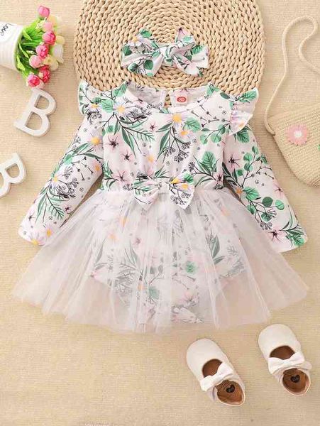 

baby floral print ruffle trim mesh hem combo bodysuit with headband she, Blue