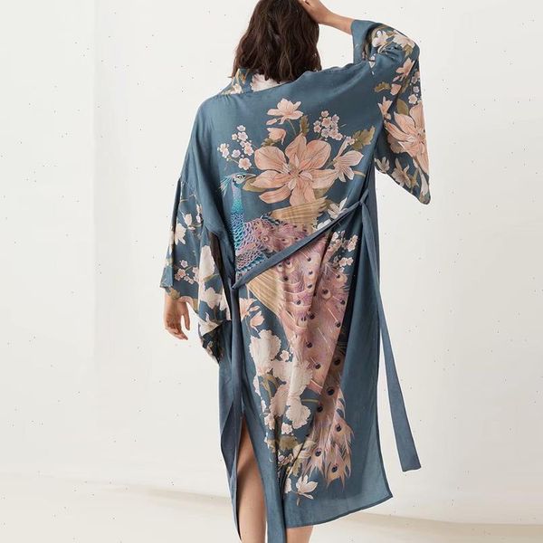 

autumn kaftan waterfall robe deep women shirts blue floral print kimono boho cardigan side slits gypsy blusa blouses beach, White