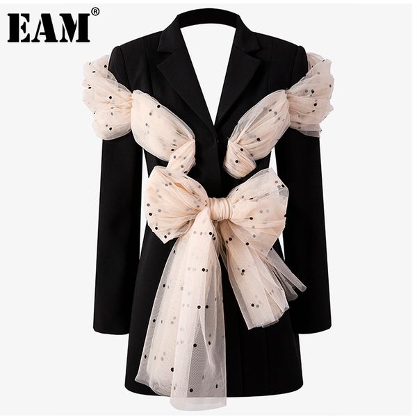

[eam] women black hollow out polka dot mesh blazer lapel long sleeve loose fit jacket fashion spring autumn 1dd6349 21512, White;black
