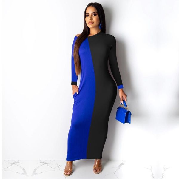 

casual dresses 2021 autumn winter clothes women patchwork ankle length dress o neck long sleeve vestidos de fiesta noche ropa mujer, Black;gray