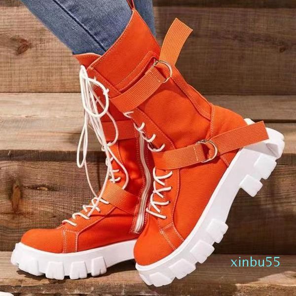 Botas Lolita Marca Sapatos Mulheres Botas-Mulheres Toe Toe Tampo Plataforma Moda Senhoras Borracha Meados Bezerro Baixo Outono Grande