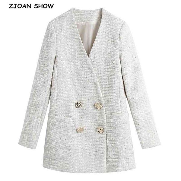 Blazer da donna in tweed di lana con scollo a V tinta unita Abito vintage elegante con bottoni doppiopetto Cappotto bianco da donna 210429