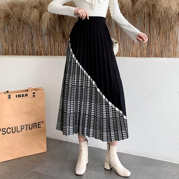 

skirts office ladies plaid knitted skirt autumn winter elegant a-line pleated women high waist elastic ankle-length, Black