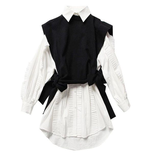 

two piece dress button spring women clothes knits vest turn-down collar ruffles single breasted set, White