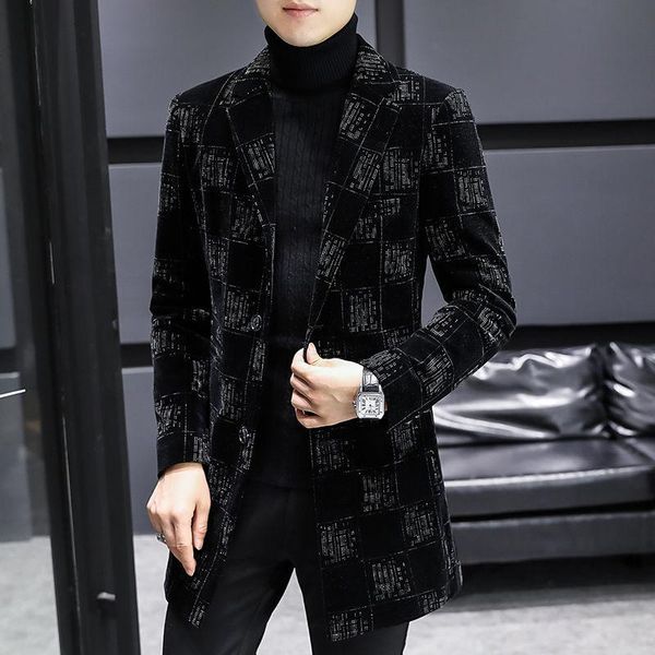 

men's wool & blends casual trench windbreaker men clothing social streetwear winter velvet blend jacket fashion slim long thick warm, Black