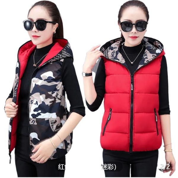 

autumn winter women's hooded waistcoat short slim-fit ladies camouflage reversible jacket, Black;white