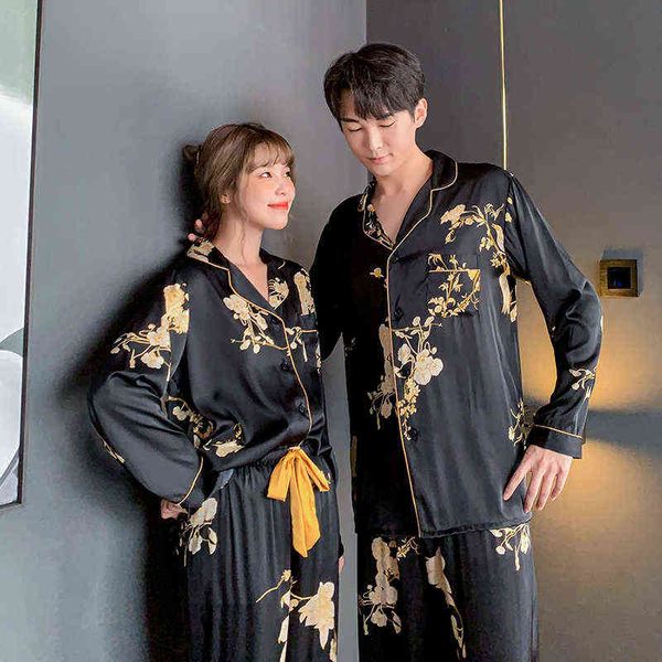 Frühlingsfrauen-Pyjama-Set Luxus-Stil Schwarz Golden Flower Print Nachtwäsche Seide wie Paar Home Kleidung Nachtwäsche für Männer 211109