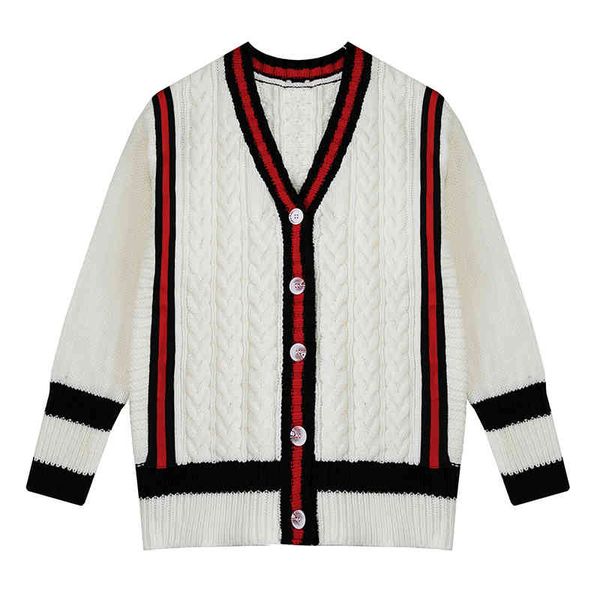 

women white sweater knitted hit color long sleeve button v neckcardigans casual loose m0381 210514