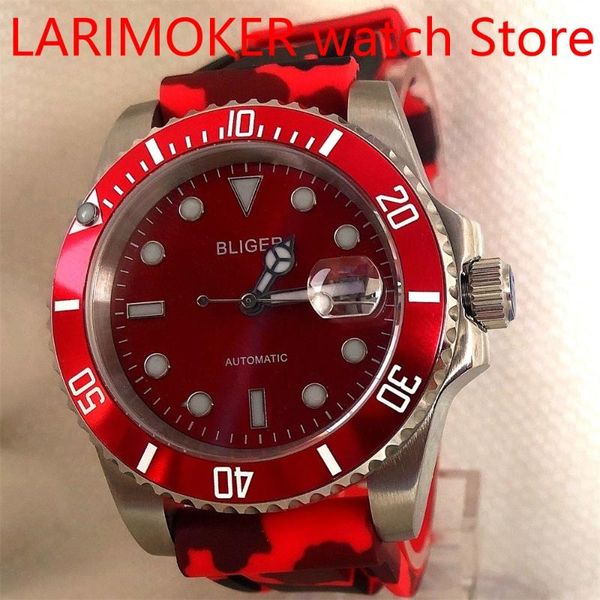 

wristwatches red automatic men watch nh35/miyota 8215 movement sapphire glass date rubber strap aluminum bezel insert luminous, Slivery;brown