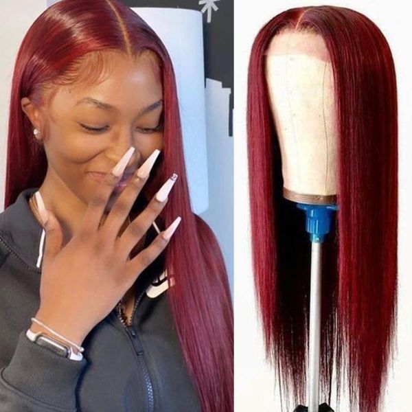 

99j burgundy colored straight lace front wig brazilian remy human hair wigs for women transparent bleached knots1, Black;brown