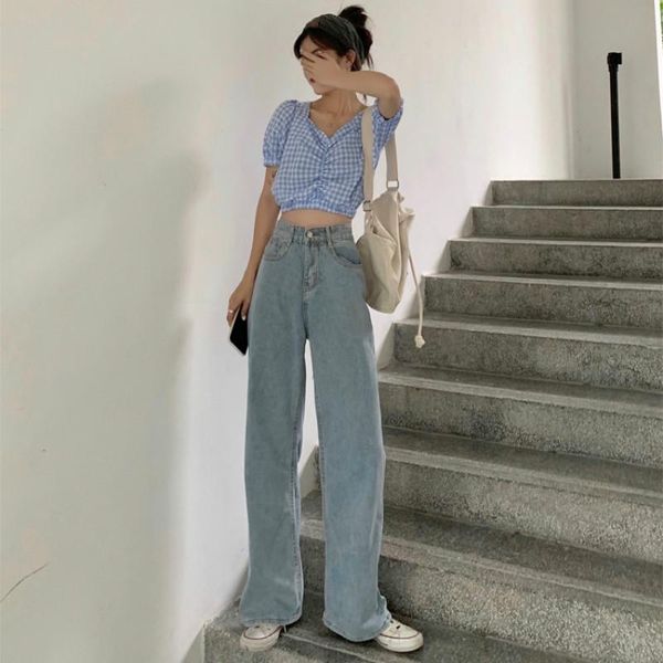 

vintage woman jeans skinny buttons women oversized thin casual denim pants wide leg full-length all-match trousers women's, Blue
