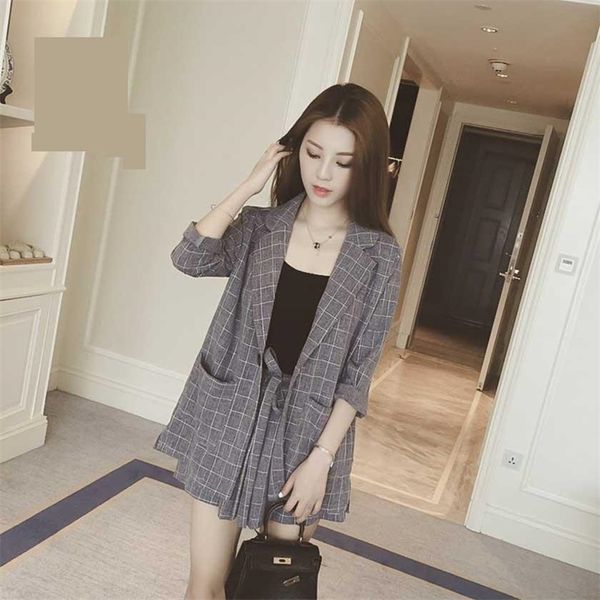 

summer casual plaid short pant suits 2 piece set women's single button pocket lace up bow notched female 210513, White